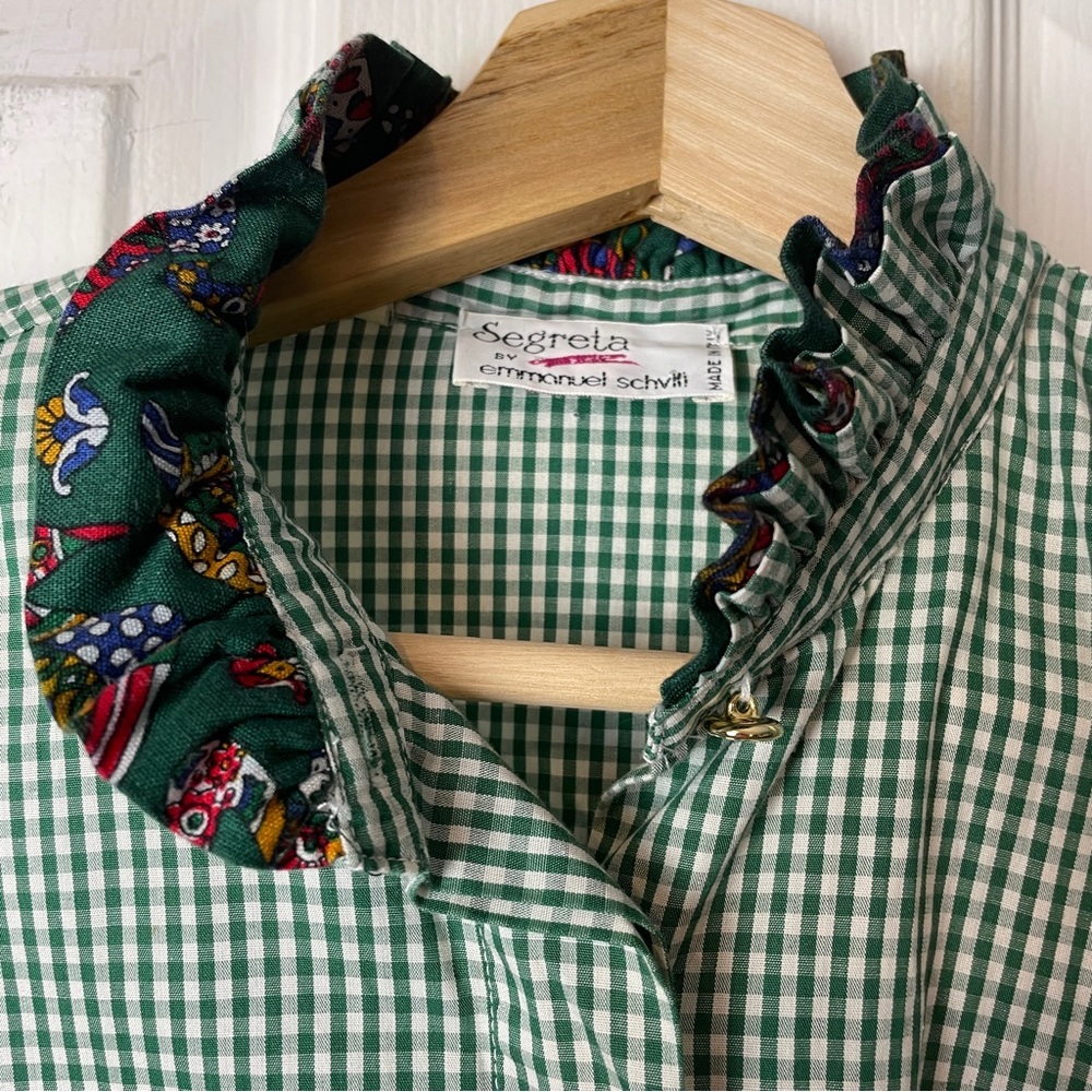 90s Gingham Cotton Blouse w Frilled Collar